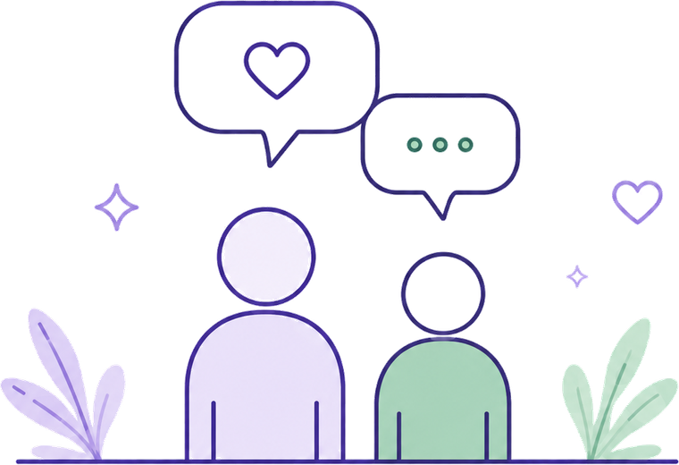 Line illustration of two people talking with speech bubbles and plants.