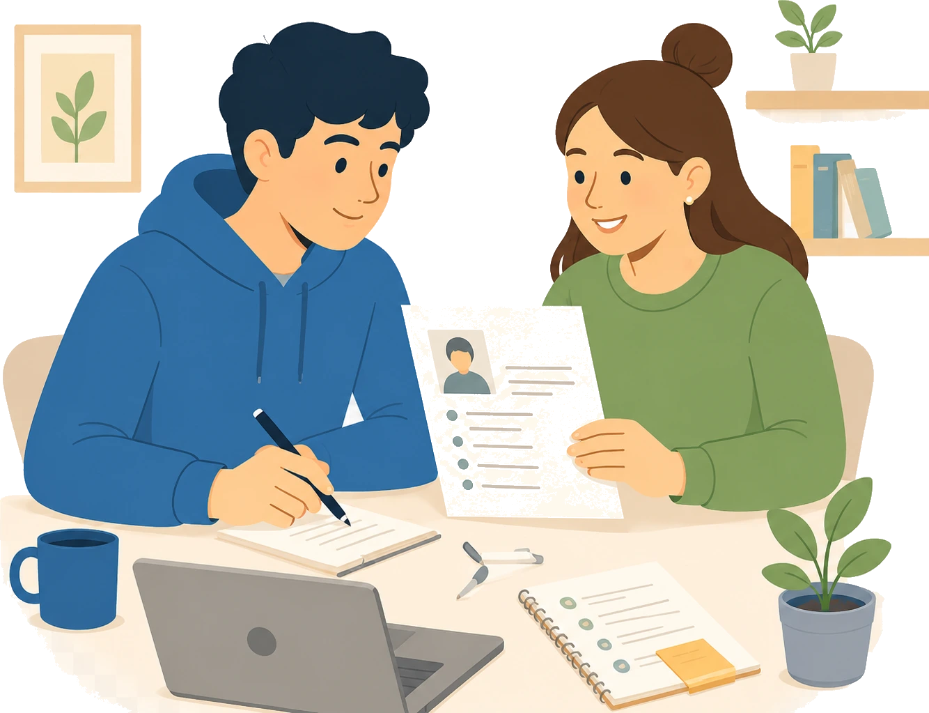 Illustration of a young person getting practical help with a CV at a table.
