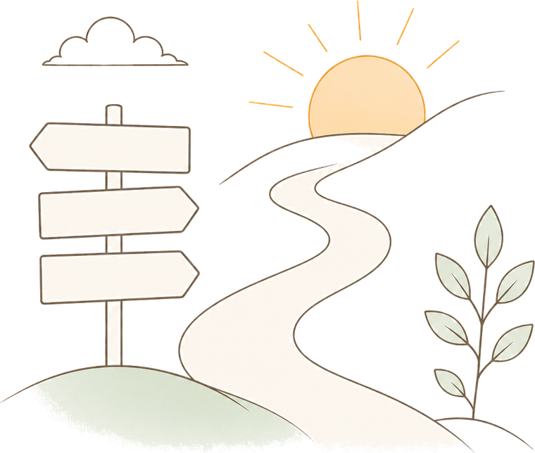 Soft line illustration of signposts pointing toward confidence, skills, and a next step.
