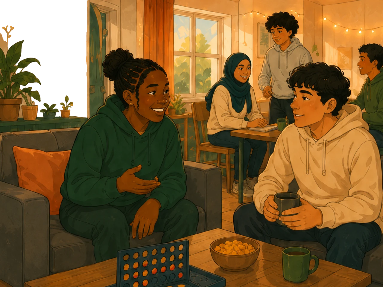 Illustration of young people chatting and playing games at youth club.