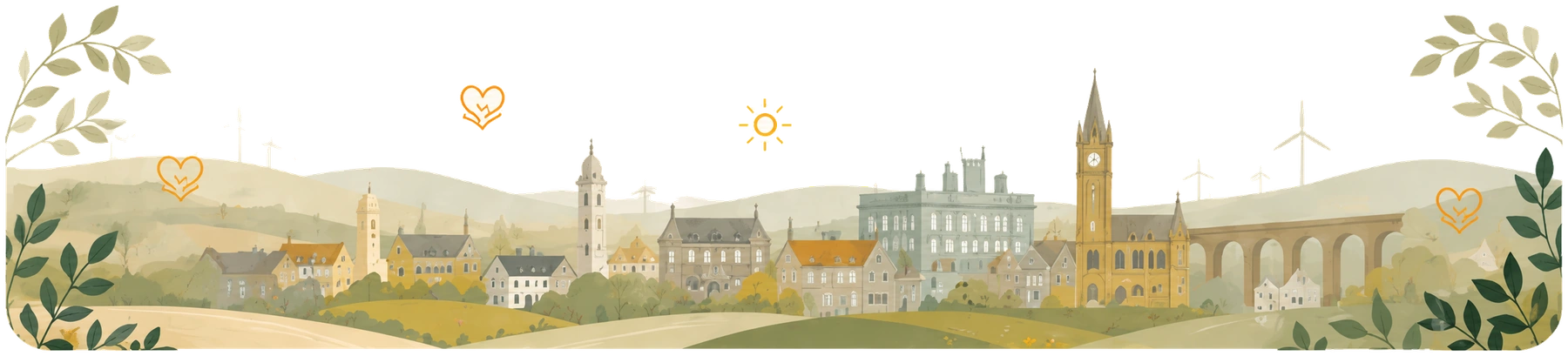 Illustrated Rochdale skyline with leaves and warm community symbols