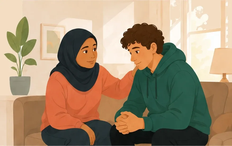 A trusted adult sitting with a young person in a calm support room.