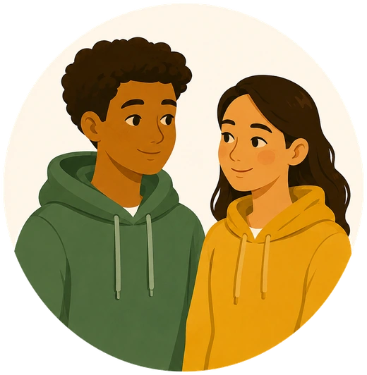 Two young people smiling together