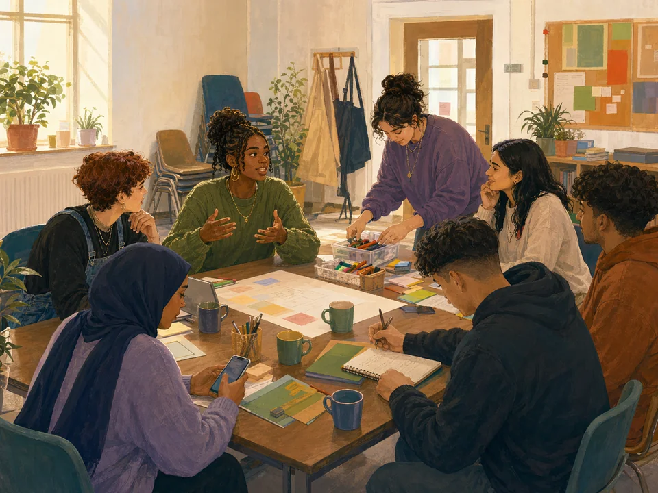 Illustration of young leaders planning together around a shared table.