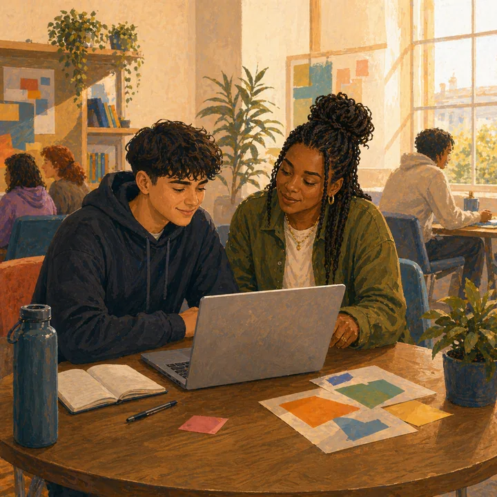 Illustration of a mentor helping a young person with career and CV support on a laptop.