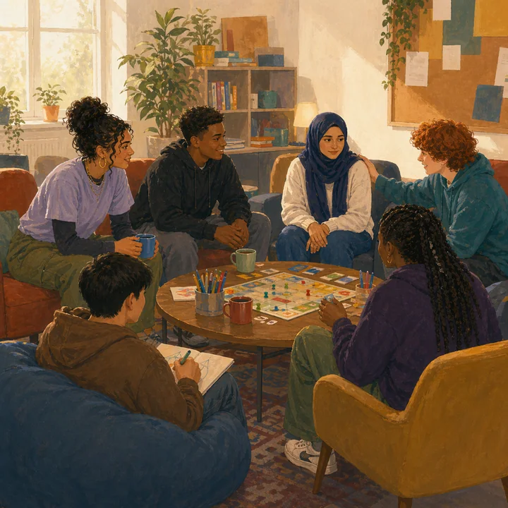Illustration of young people chatting together in a welcoming community room.