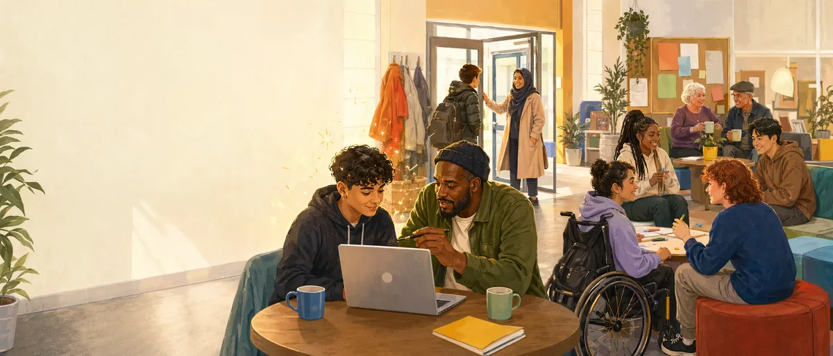 Illustration of people arriving at a welcoming community support venue in Rochdale.