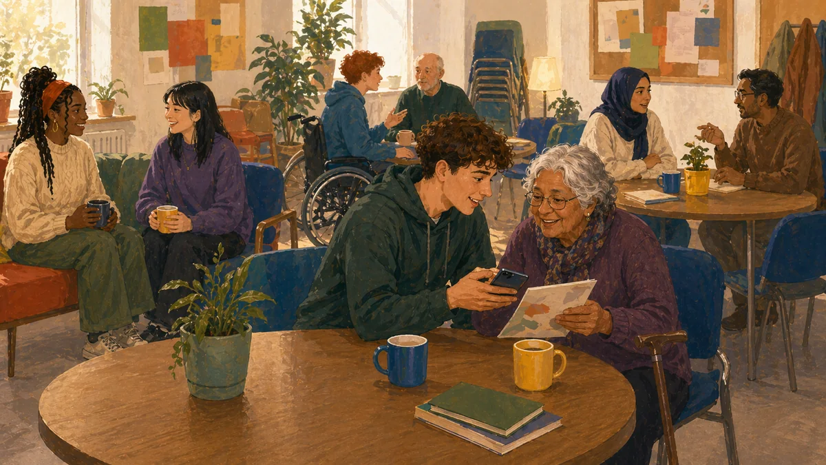 Illustration of younger and older community members talking together in a shared support space.