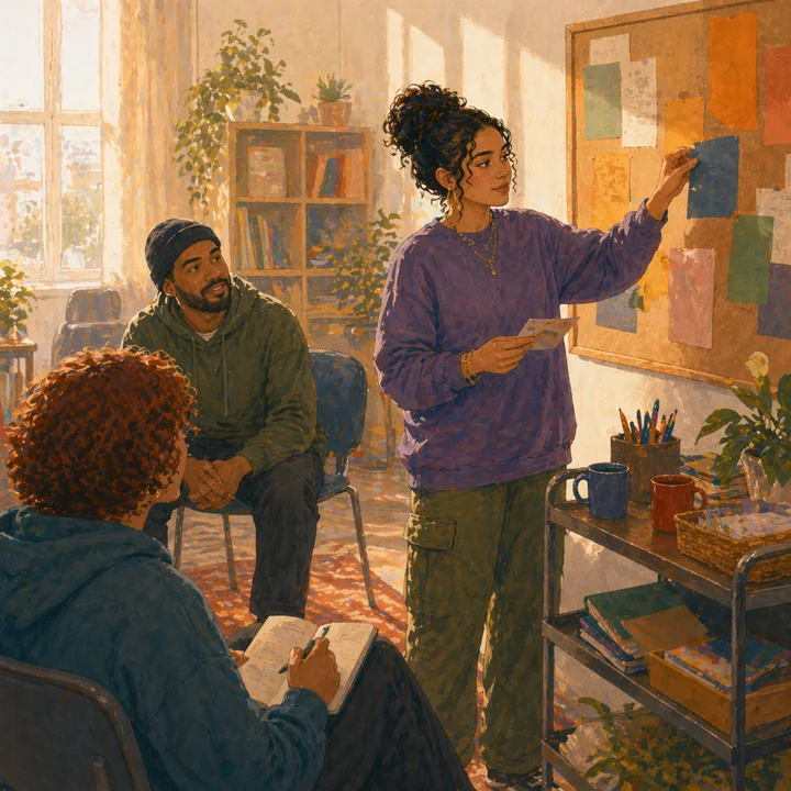 Illustration of a young person leading a small planning activity with peers.