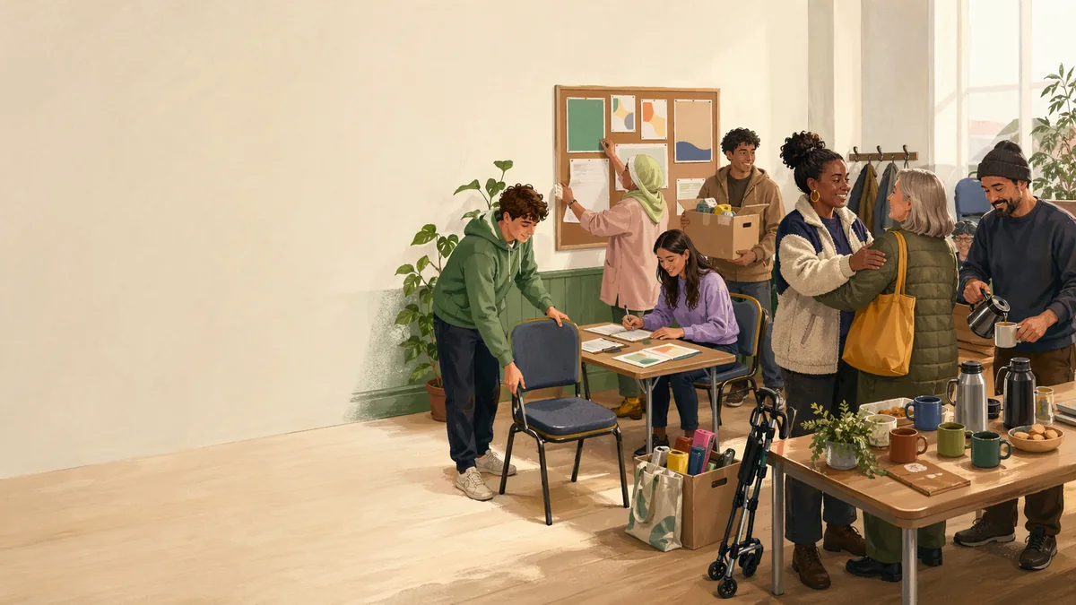 Illustration of volunteers and community members preparing a welcoming local support session together.